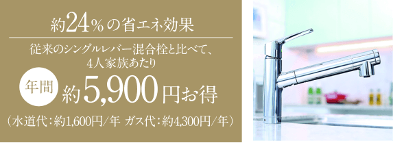 約24%の省エネ効果 従来のシングルレバー混合栓と比べて、4人家族あたり年間約5,900円お得(水道代:約1,600円/年、ガス代:約4,300円/年)