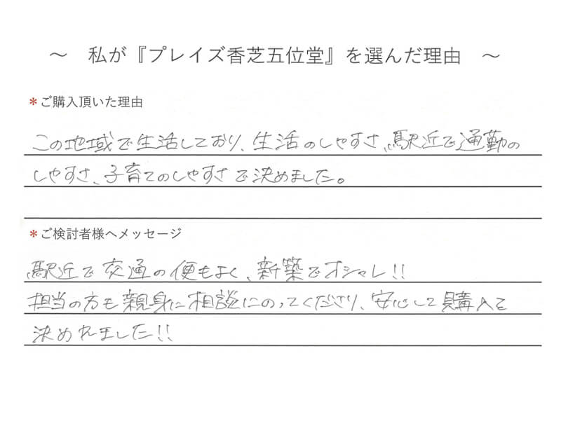 この地域で生活しており、生活のしゃすさ、駅近で通勤のしやすさ、子育てのしやすさで決めました。